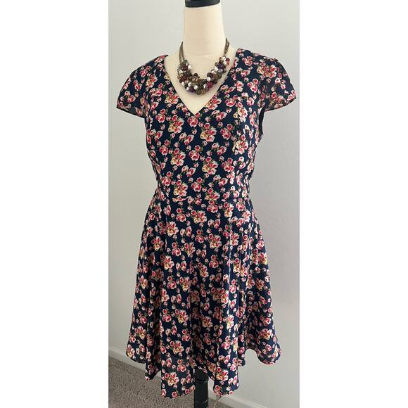 BETSEY JOHNSON Fit & Flare V Neck Dress Blue Pink White Floral Georgette Sz 8 - Picture 1 of 10